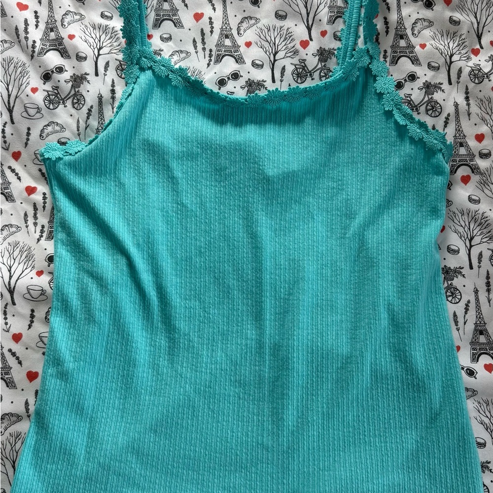 Falls Creek Teal Ribbed Camisole with Floral Trim